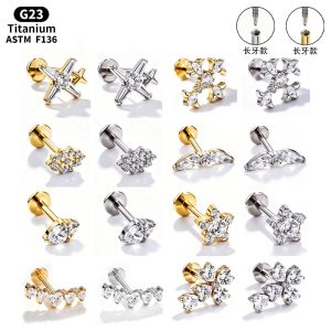 F136 Titanium Alloy Ear Studs, Finely Carved Ear Bone Studs, Long Tooth Style with Zirconia, Lip Studs, G23 Titanium Body Piercing Jewelry