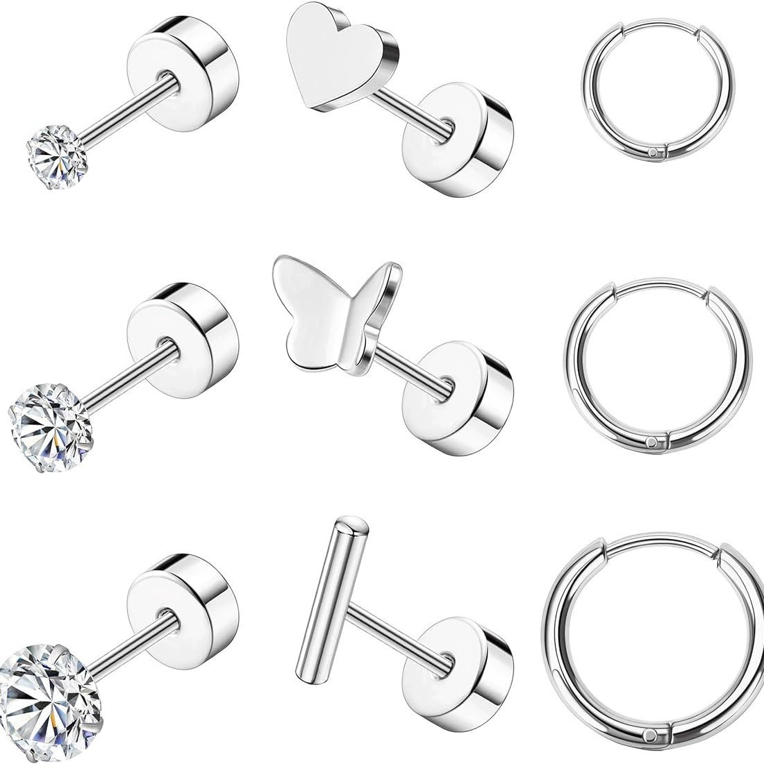 Amazon Hot Sale Stainless Steel Ear Studs Bone Nails Barbell Wafer Earrings Combination Set Body Piercing Jewelry - Image 3