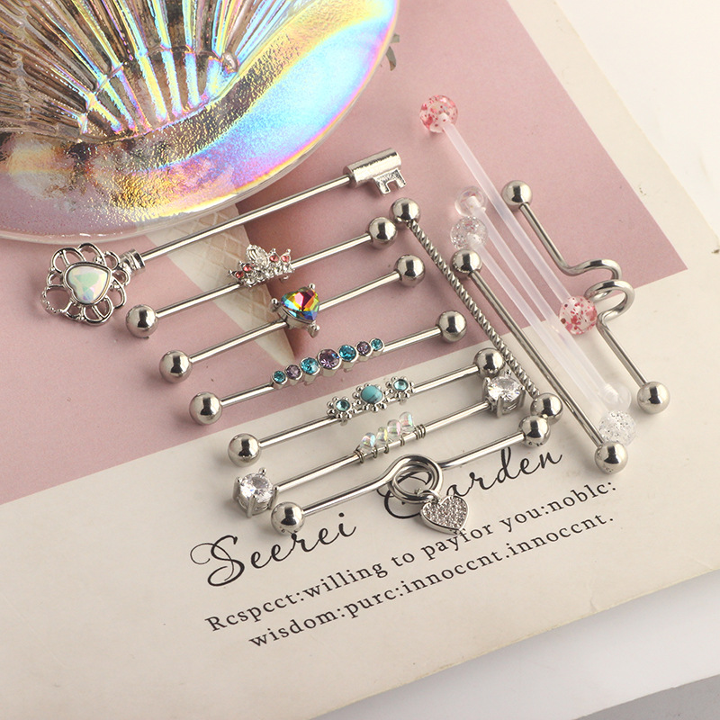 Heart Shaped Industrial Barbell Ear Studs Stainless Steel Cartilage Piercing Jewelry Set - Image 2