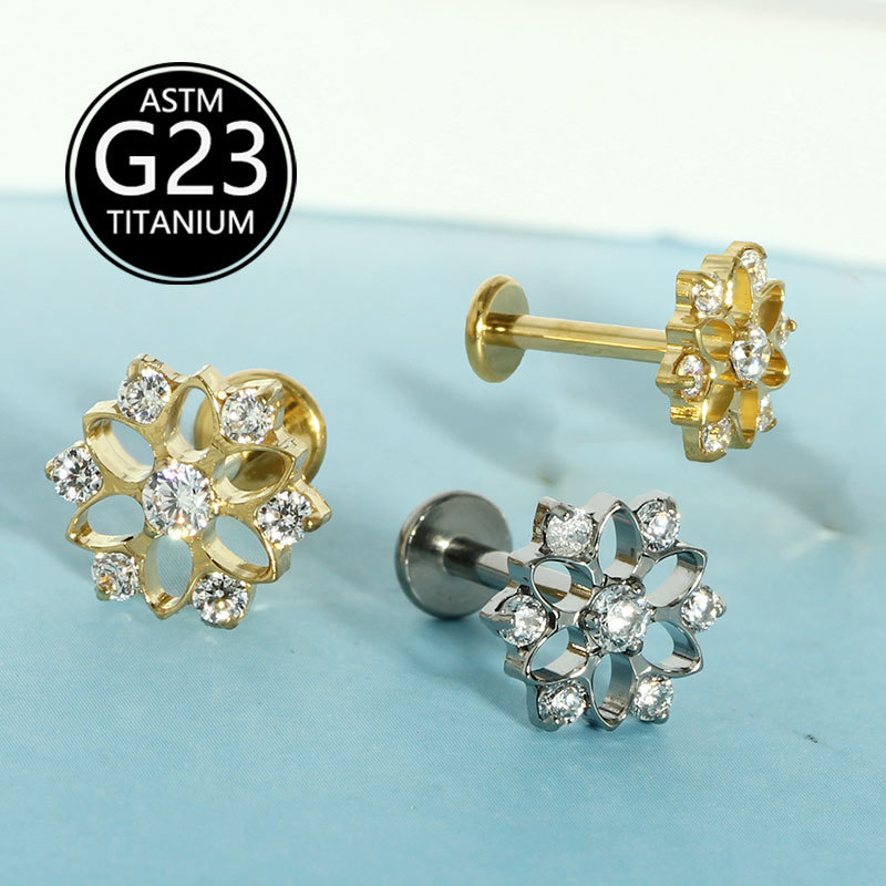 G23 Titanium Earrings Cut Out Flower Inlaid Zircon Ear Bone Nails Body Piercing Jewelry - Image 2