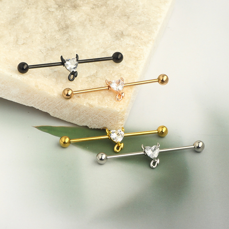 Heart Shaped CZ Stainless Steel Long Bar Earrings for Cartilage and Ear Lobe Piercing - Image 4
