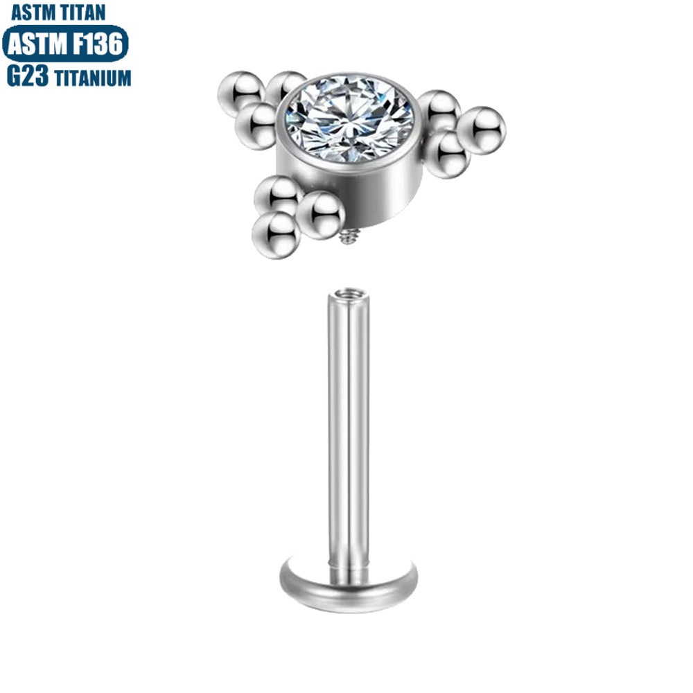Silver Zircon Bead Cluster Thread Inner Teeth Lip Ring Earring - G23 Titanium Lip Piercing Jewelry - Image 3