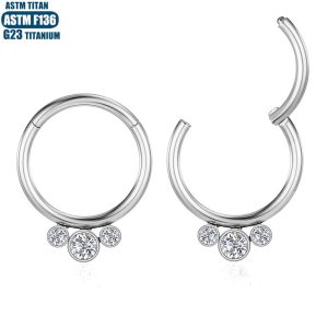 F136 Titanium Alloy Hinge Perforated Nose Ring with 3 Zircon - Seamless Open Ring Piercing Earrings Nasal Septal Ring