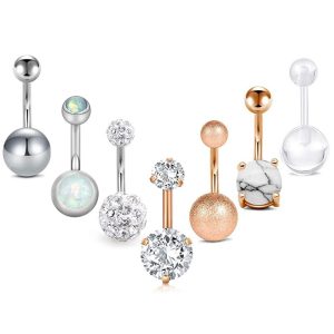 Rose Gold Opal Navel Ring Set - CZ Diamond Belly Button Piercing Jewelry