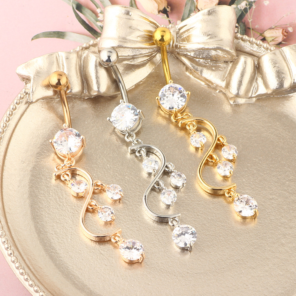 Rose Gold Belly Button Ring with 4 CZ Zircon Stones Stainless Steel Belly Piercing Jewelry - Image 2