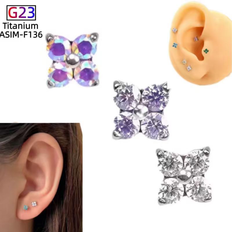 F136 Titanium Four-Leaf Clover Earrings - Finely Carved Flower Earrings, G23 Titanium Alloy Piercing Jewelry for Cartilage Lip Nails Cochlear Nails - Image 3