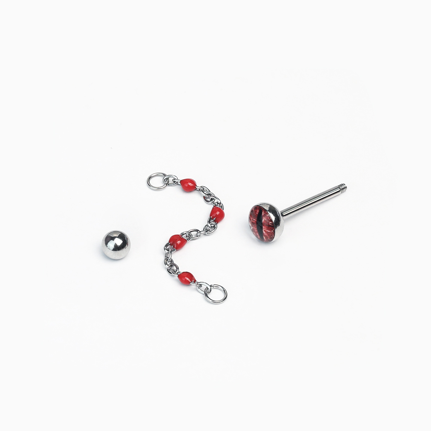 Retro Red Cat-Eye Chain Tongue Piercing - 316L Surgical Steel External Thread Barbell for Punk Style Unisex - Image 4