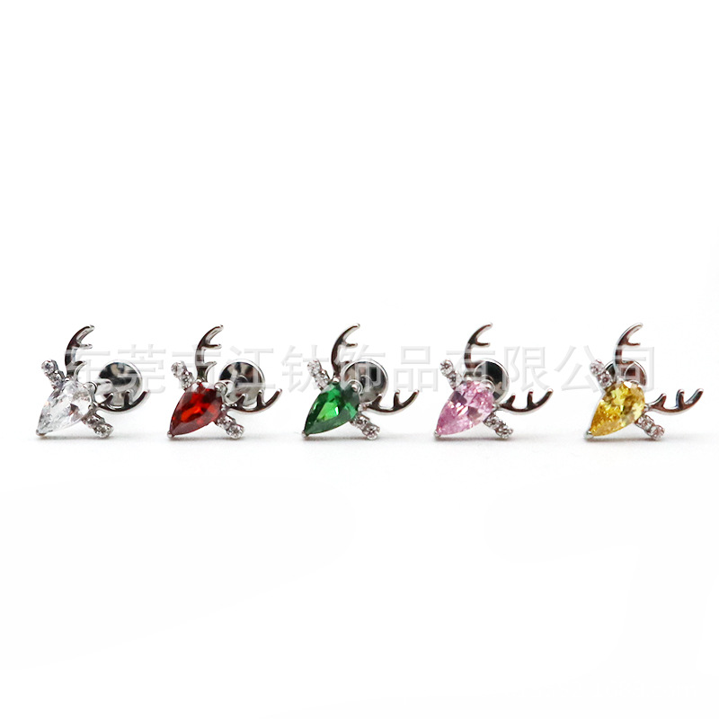 G23 Titanium Christmas Antler Stud Earrings Inlaid 5A Zircon Lip Nail Body Piercing Jewelry - Image 5