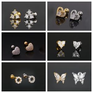 Classic Butterfly Diamond Stud Ear Nail Screw Piercing Earring Women's Fashion 18K Gold Plated