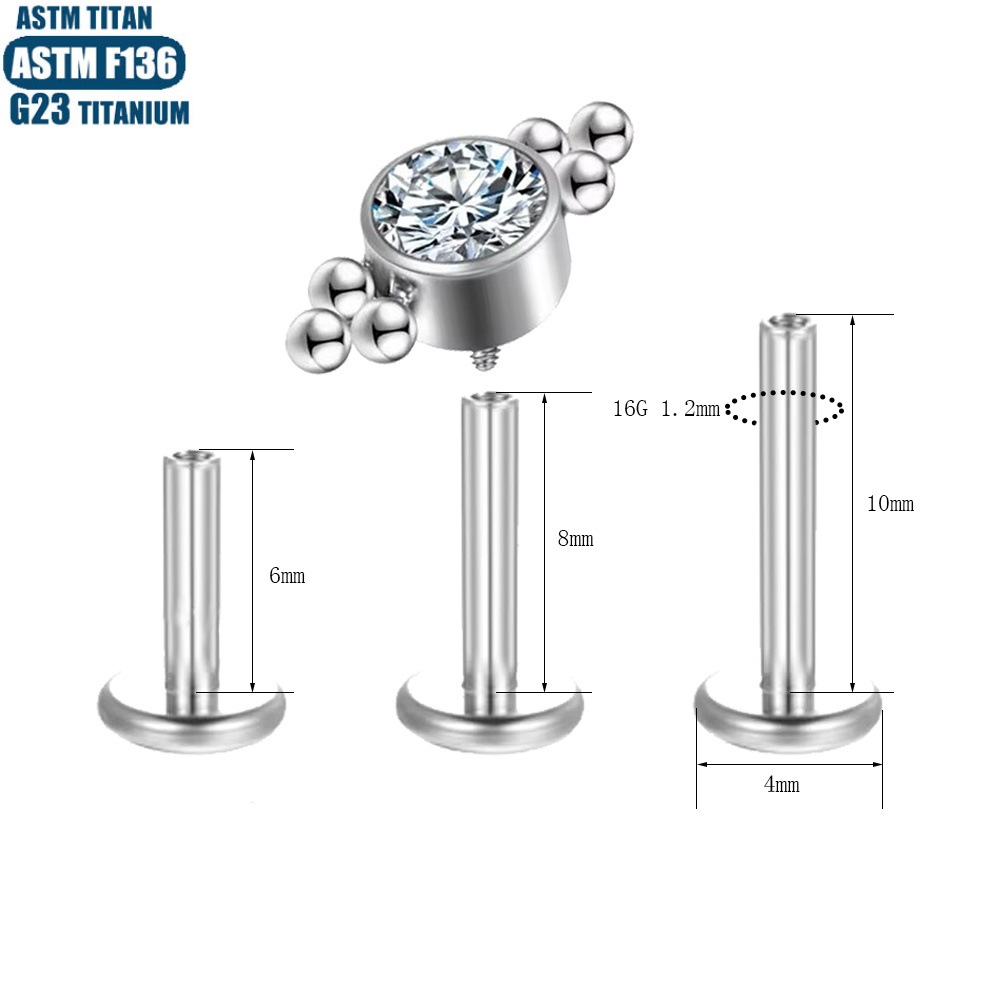 G23 Titanium Bead Cluster Zircon Lip Ring Thread Inner Teeth Lip Stud Perforated Small Ear Stud Body Piercing Jewelry Women's Earrings - Image 3