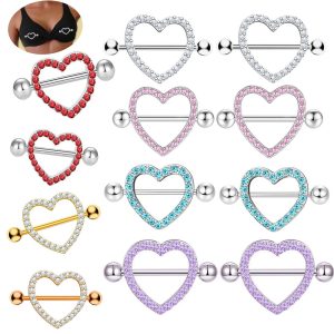 Double Diamond Love Heart Breast Piercing Ring - Seven Color Electroplated Stainless Steel Pair for Sale Wholesale