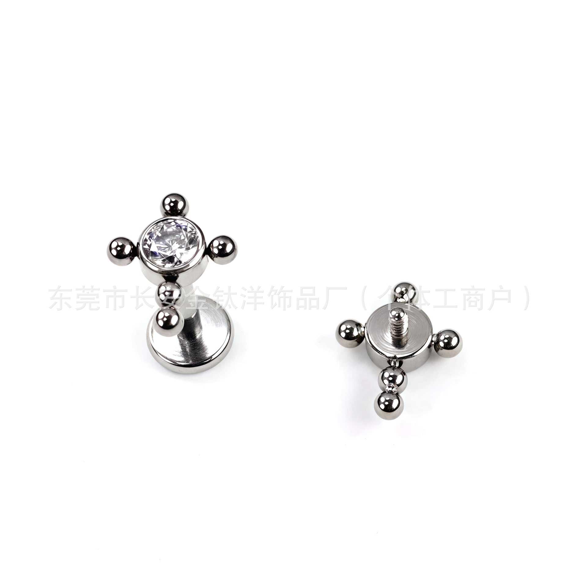 ASTM F136 Titanium Cross Diamond Inlay Internally Threaded Ear Studs - Cartilage Helix Tragus Piercing Jewelry G23 Alloy - Image 2