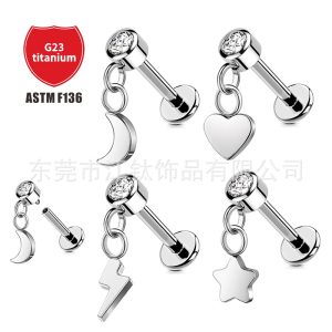 G23 Titanium Lip Nail Earring Pendant Star Moon Heart Body Piercing Jewelry