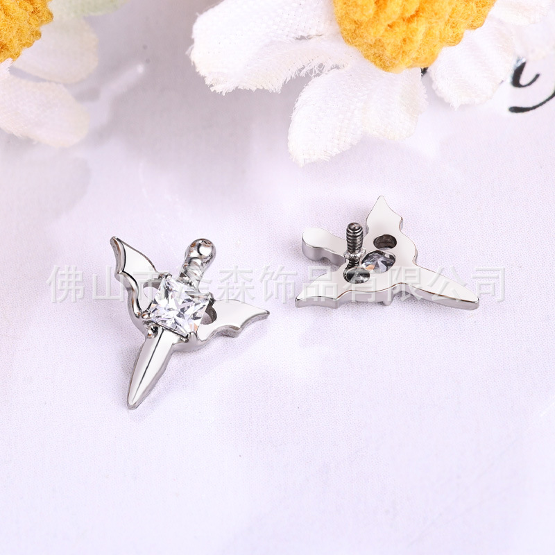 F136 Titanium Alloy Flat Back Earring with White Zircon Angled Sword Design for Piercing - Image 2