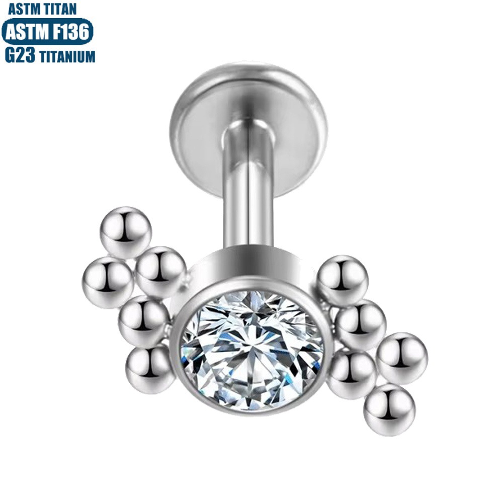 Silver Zircon Bead Cluster Thread Inner Teeth Lip Stud - F136 Titanium Small Earrings Body Piercing Jewelry - Image 5