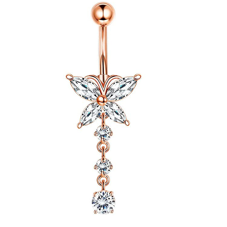 Amazon New Copper Inlaid Zircon Butterfly Navel Ring Stainless Steel Piercing Belly Button Jewelry - Image 2