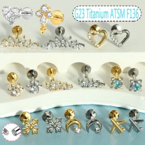 G23 Titanium Inlaid Zircon Opal Lip Nail Internal Thread Piercing Earrings 1.2mm Thick Cochlear Nail