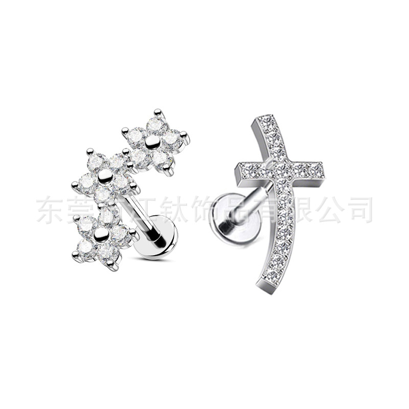 G23 Titanium Alloy Cross Flower Cartilage Earring - ASTM F136 - Internally Threaded Stud - Image 5
