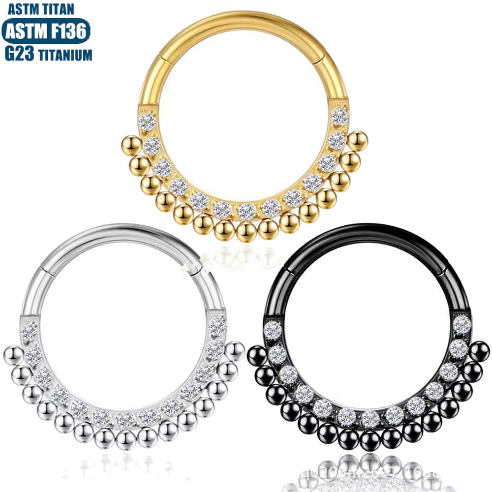 F136 Titanium Nose Ring Hinge Ear Bone Ring Round Outer Welding Bead Cluster Closed Ring Zircon Earrings Seamless Ring - Image 2