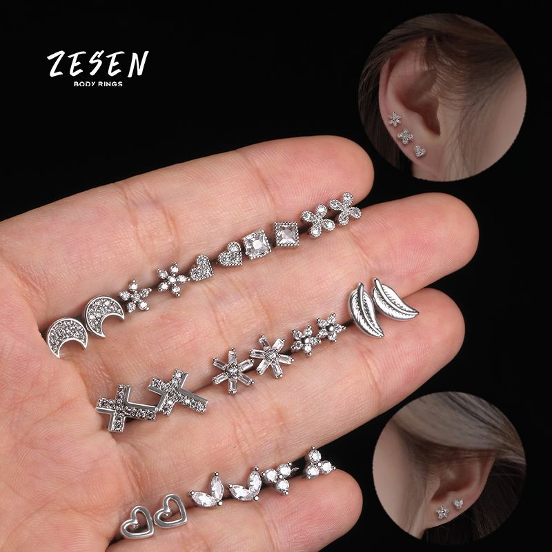 Korean New Design Titanium Steel Earrings Micro Diamond Love Bone Earrings for Cartilage - Image 2