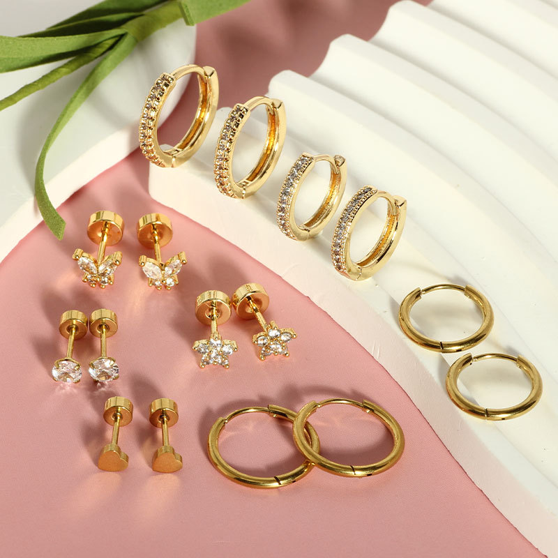 16-Piece Stainless Steel Zircon Ear Bone Nails Set - Simple Geometric Flower Earrings for Men and Women - Image 2