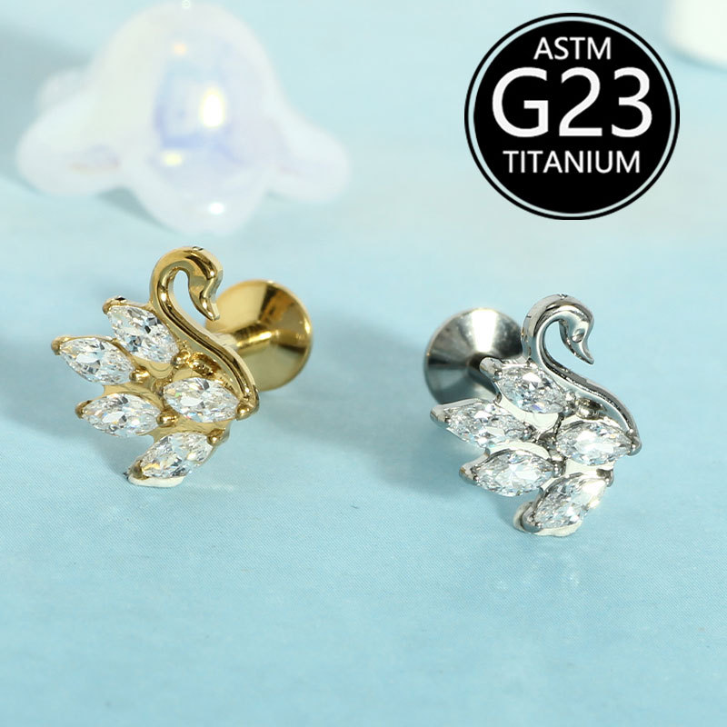 G23 Titanium Swan Internal Thread Lip Piercing with Zircon - Ear Bone & Canal Jewelry Wholesale - Image 5