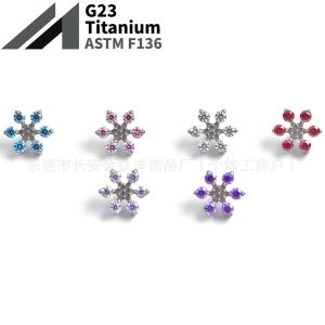 F136 Titanium Six-Petal Flower Zirconia Stud Earrings - Nose Studs, Earlobe Studs, G23 Titanium Alloy Body Piercing Jewelry, Ear Cartilage Studs