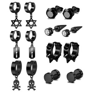 7 Pair Black Silver Zircon Earrings Round Barbell Earrings Men's Personality Cross-border Amazon Set