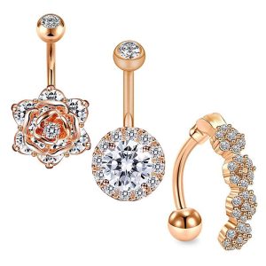 Exquisite AB Color Navel Zircon Ring Soft Pot Ball Belly Ring 3-Piece Set Stainless Steel