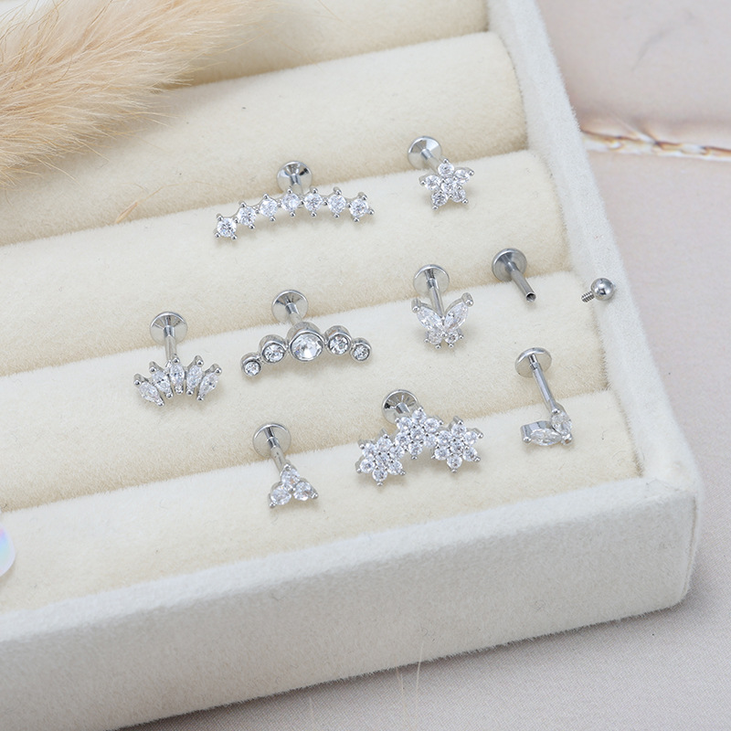 Stainless Steel + Copper Zircon Internal Thread Lip Piercing 16G Moon Cartilage Earring - Image 3