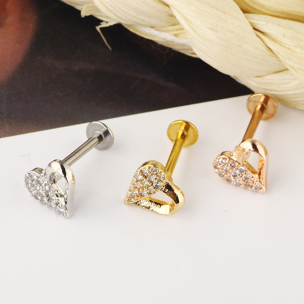 Zircon Stainless Steel Ear Bone Screw Earrings Lip Ring Love Piercing Jewelry - Image 2