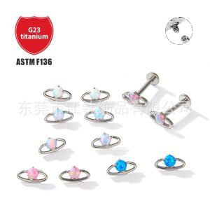 G23 Titanium Ear Bone Stud Saturn Opal Inlaid Body Piercing Jewelry 14G 10mm