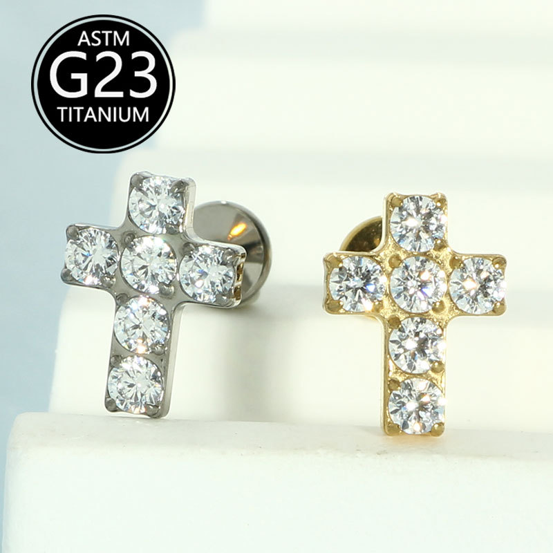 G23 Titanium Cross Stud Earring Lip Labret Nail with 5A Zircon - 1.2mm x 10mm - Image 5
