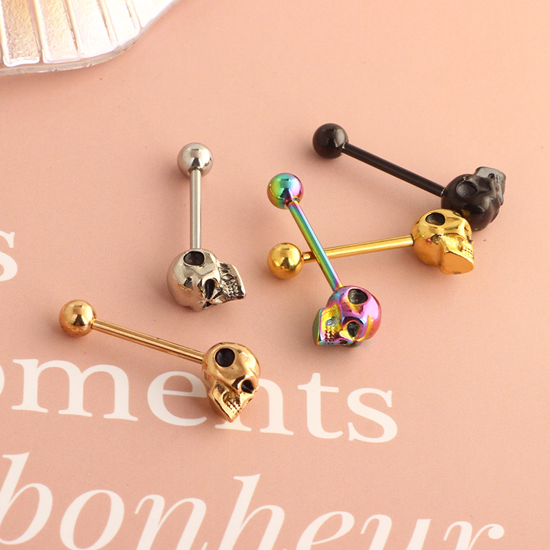 Cross-border Stainless Steel Straight Rod Tongue Nail External Thread Ghost Head 3D Effect Tongue Ring 14G Piercing Jewelry 5 Colors Optional - Image 2