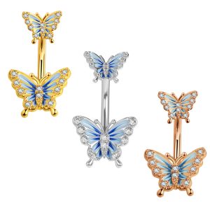 Butterfly Pearl Belly Ring 14G 316L Surgical Steel Navel Jewelry Dangle Silver