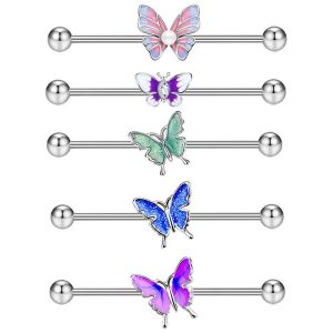 14G Industrial Barbell Ear Studs External Thread Drop Oil Butterfly Ear Bridge Double Ear Hole Straight Rod Pearl Ear Studs