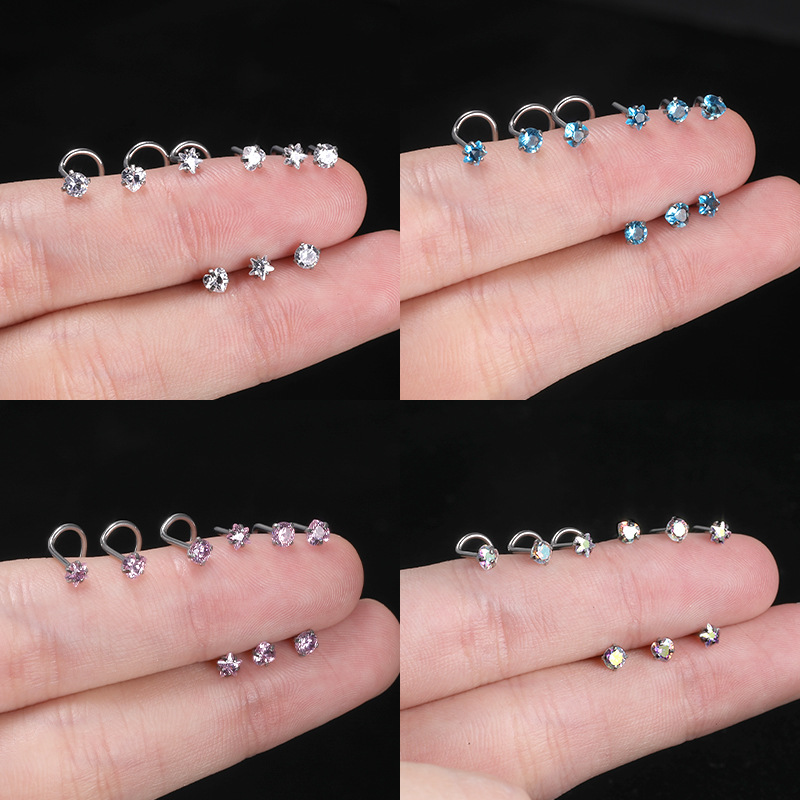 European American Classic Stainless Steel Zircon Nose Nail Star Right Angle Titanium Steel Nose Piercing Jewelry - Image 4