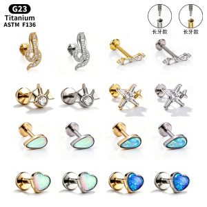 F136 Titanium Alloy Ear Studs, Carved Bone Studs, Long Tooth Style with Zirconia, Lip Studs, G23 Titanium Body Piercing Jewelry