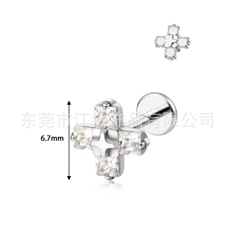 G23 Titanium Ear Bone Cross Stud with Zircon Inlay - ASTM F136 Titanium Alloy Body Piercing Earring - Image 5