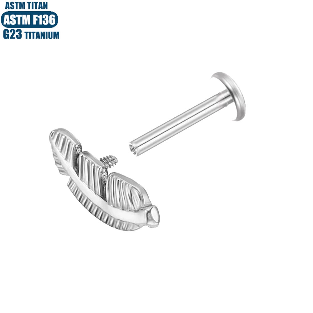 F136 Titanium Feather Lip Ring Inner Thread Lip Piercing Jewelry Black - Image 2