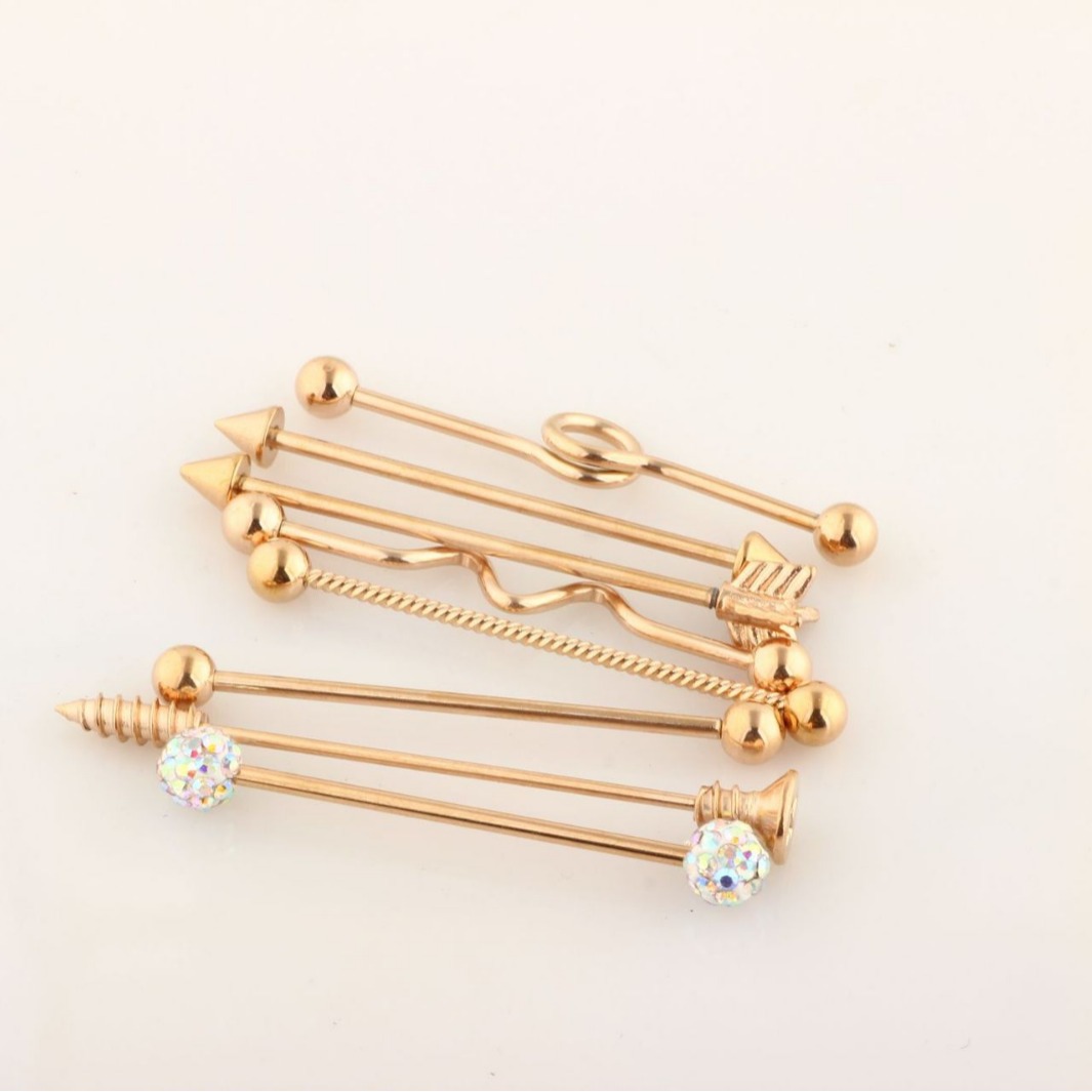 Rose Gold Arrow Screw Ear Expansion Industrial Barbell Double Ear Piercing Straight Bar Set 8Pcs Black - Image 5