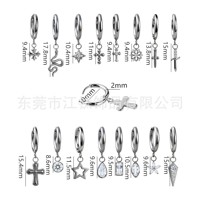 Titanium Ear Hoop Cross Six-Pointed Star Zircon Pendant G23 Titanium Alloy Body Piercing Earrings - Image 2