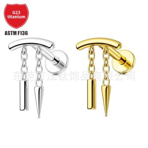 G23 Titanium Earring Pendant Pointed Cone Chain - Polished Ear Stud for Men Women Body Piercing