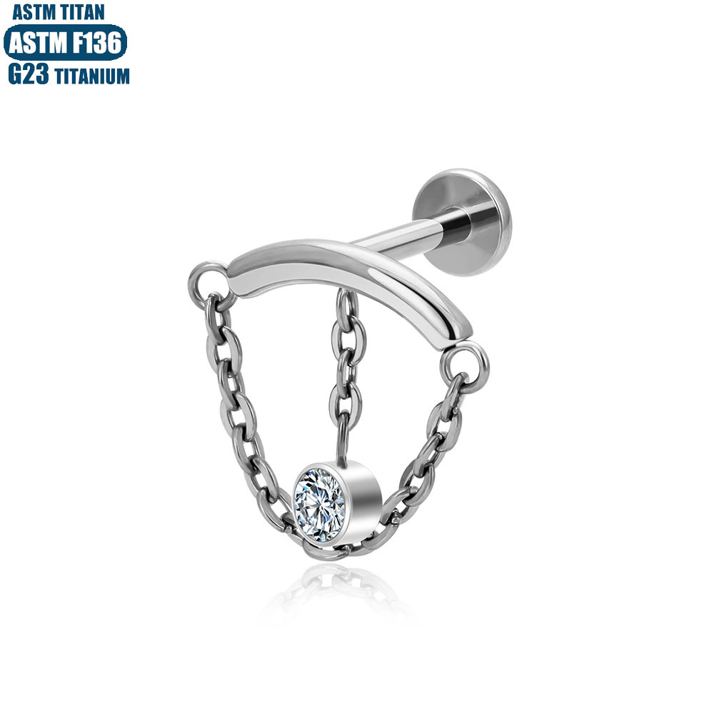 F136 Titanium Alloy Chain Pendant Earrings Inner Spiral Zircon Lip Stud Body Piercing Jewelry Diaphragm Pierced Earrings - Image 3