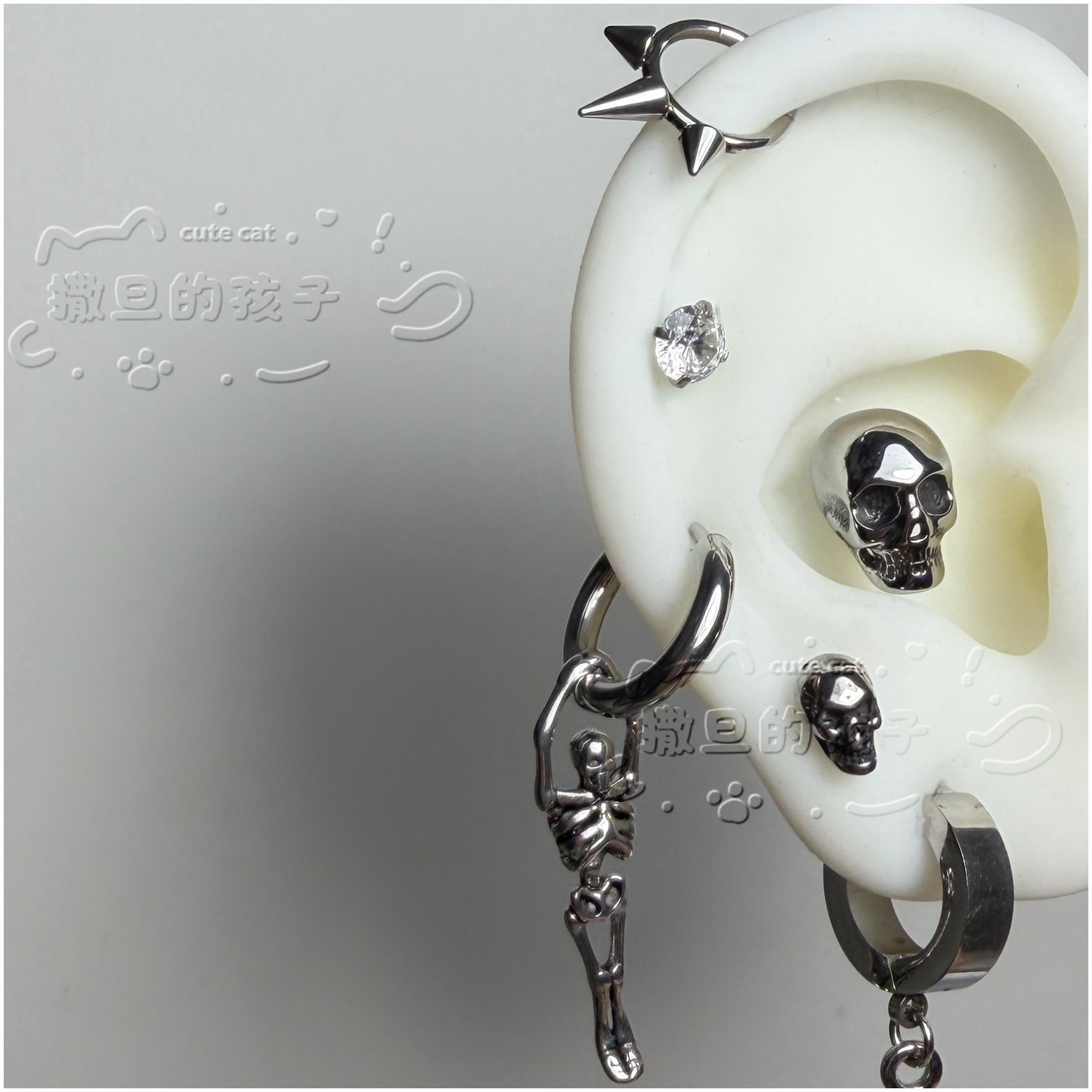 Satan's Child Titanium Steel Skull Cross Ear Studs Cartilage Tragus Lobe Piercing Set - Image 3
