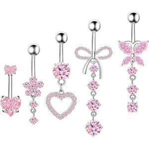 Amazon Hot Selling Gold Pink Zircon 5-Piece Navel Ring Set Stainless Steel Copper Geometric Body Jewelry