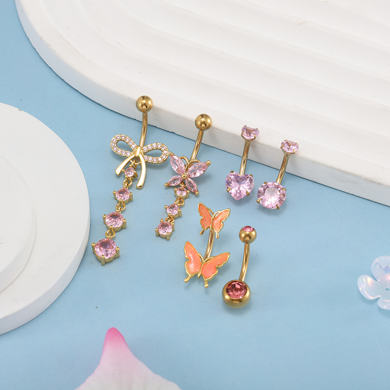Cross-Border Hot-Selling Stainless Steel + Copper Inlaid Zircon Bow Pendant Belly Button Ring Navel Piercing Jewelry for Women - Image 2