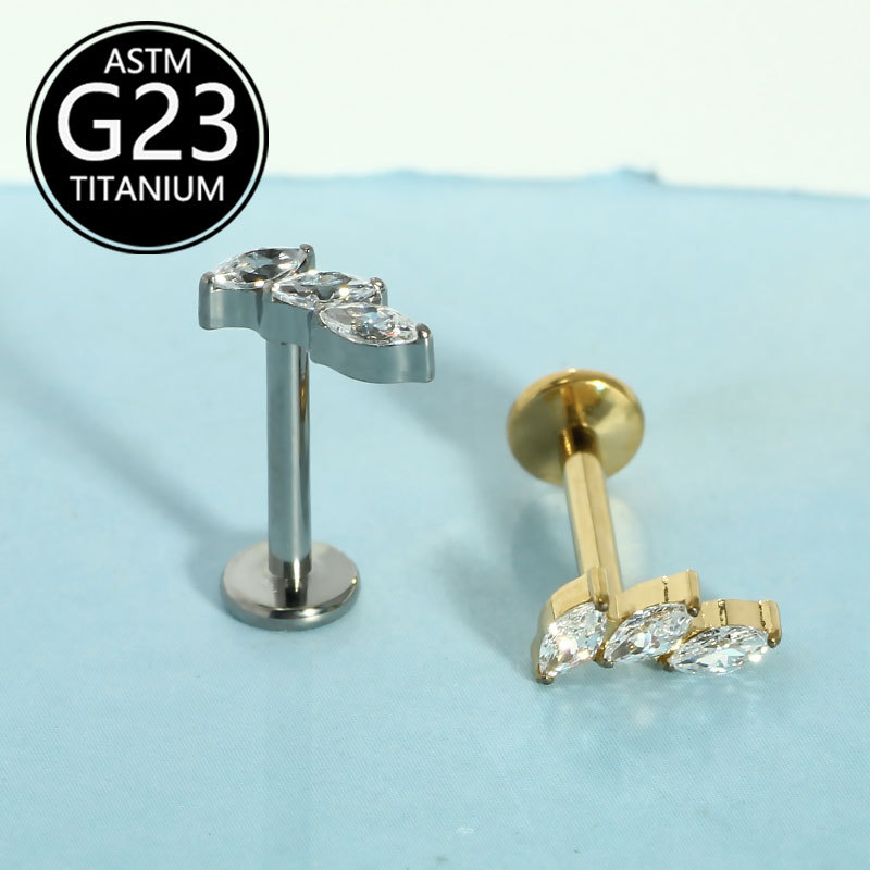 G23 Titanium Leaf Marquise Zircon Lip Stud 1.2mm Rod Internally Threaded Labret Piercing Jewelry - Image 3