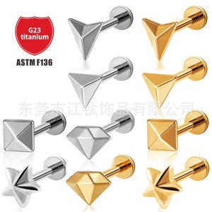 G23 Titanium Triangular Square Ear Cartilage Stud - Gold with Diamond - ASTM F136 - 1.2x12mm