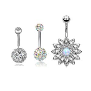 Rose Gold 3-Piece Stainless Steel Navel Ring Set with CZ Opal Diamond Inlay - Dangle Belly Button Jewelry